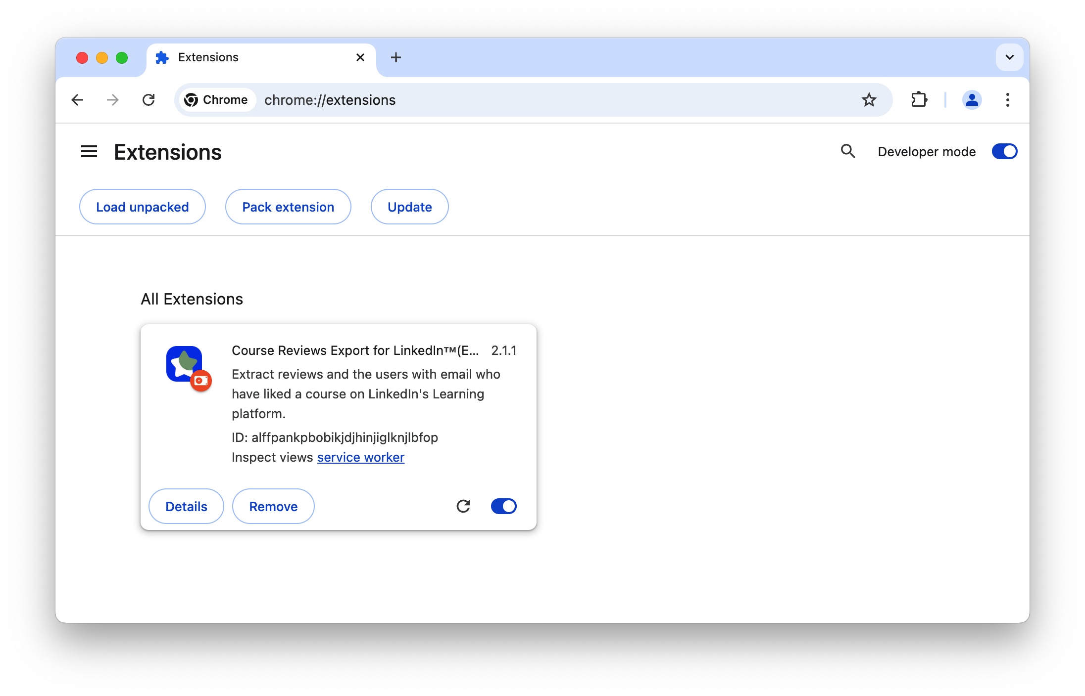 LinkedIn Course Reviews Exporter chrome extension install done