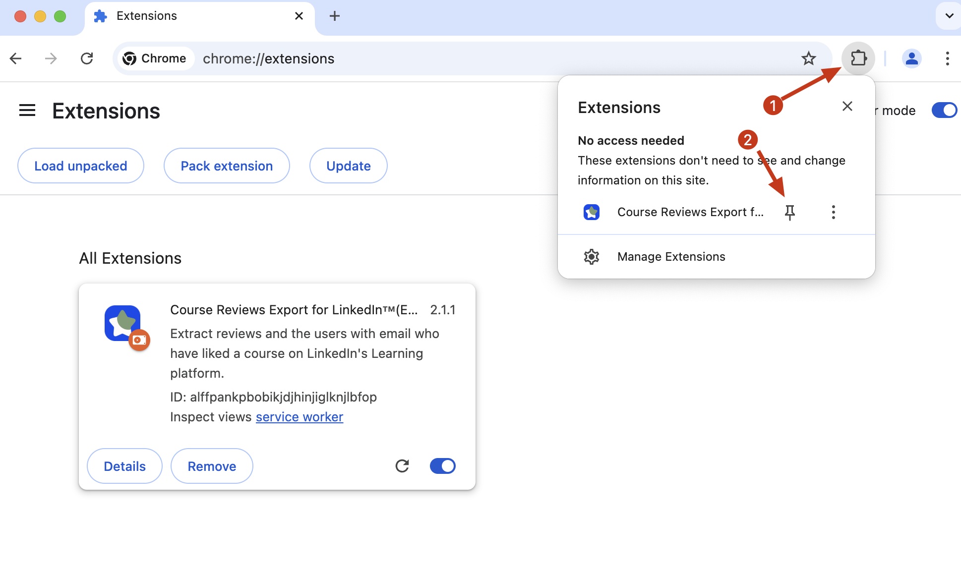 LinkedIn Course Reviews Exporter chrome extension install pin